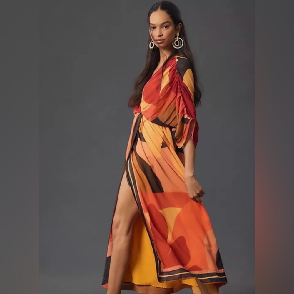 Farm Rio Maxi Wrap Dress in Warm Red, Orange and Yellow - Picture 2 of 7